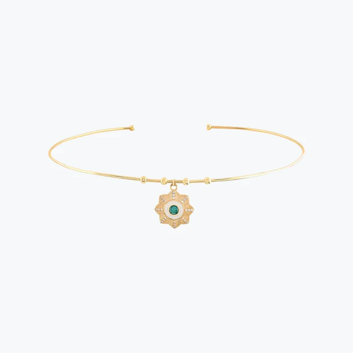 Yuvarlak Firuze Taşlı Çiçek Madalyon Uçlu Tel Choker 1 14 Ayar Altın, Sarı renk, 7.60 g özellikli Yuvarlak Firuze Taşlı Çiçek Madalyon Uçlu Tel Choker