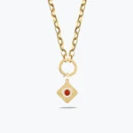 Yuvarlak Kırmızı Taşlı Etnik Madalyon Charm Kolye, 14 Ayar Altın, Sarı renk, 9.72 g