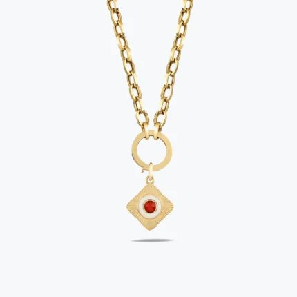 Yuvarlak Kırmızı Taşlı Etnik Madalyon Charm Kolye, 14 Ayar Altın, Sarı renk, 9.72 g