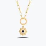 Yuvarlak Lacivert Taşlı Çiçek Madalyon Charm Kolye – 14 Ayar Altın, Sarı renk, 7.63 g