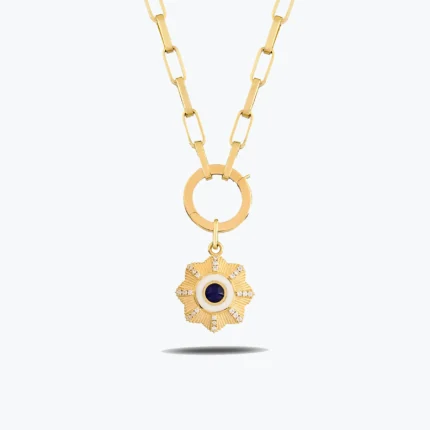 Yuvarlak Lacivert Taşlı Çiçek Madalyon Charm Kolye – 14 Ayar Altın, Sarı renk, 7.63 g