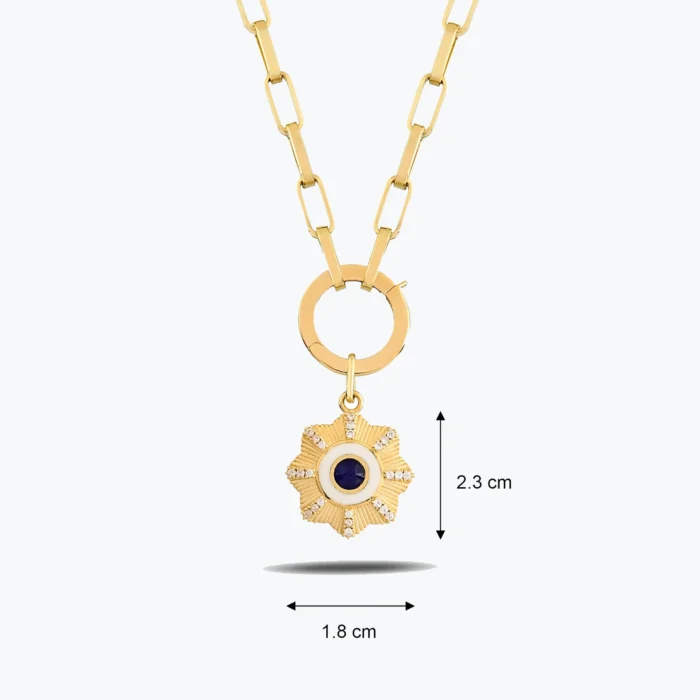 Yuvarlak Lacivert Taşlı Çiçek Madalyon Charm Kolye, 14 Ayar Altın, Sarı renk, 7.63 g, galeri görünümü