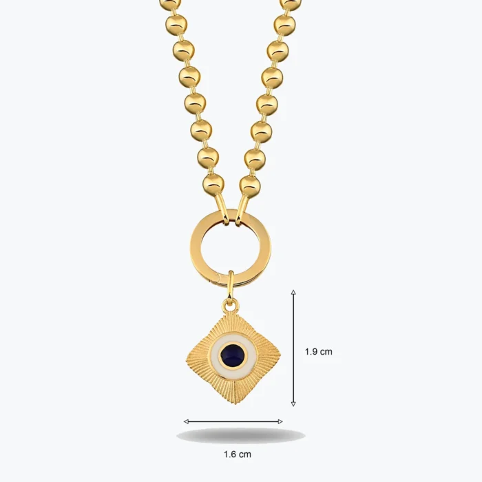 Yuvarlak Lacivert Taşlı Etnik Madalyon Charm Kolye, 14 Ayar Altın, Sarı renk, 13.23 g, farklı açıdan görünümü