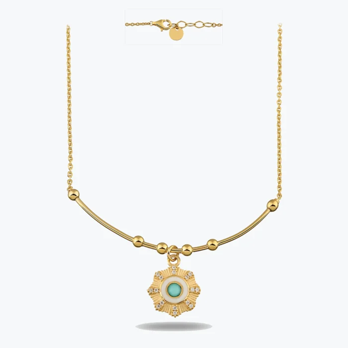 Yuvarlak Mavi Taşlı Çiçek Madalyon Kolye 1 Yuvarlak Mavi Taşlı Çiçek Madalyon Kolye – 14 Ayar Altın, Sarı renk, 5.09 g