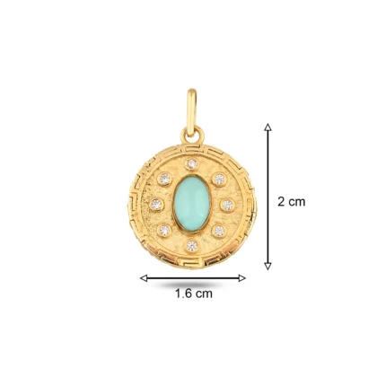 14 Ayar Sarı Altın Açık Mavi Madalyon Kolye Charm