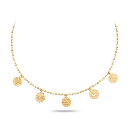 14 Ayar Dorika Top Zincirli 5'li Şans Sembolleri Sarı Altın Choker