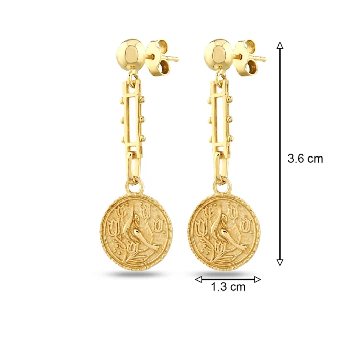 14 Ayar Antik Dokulu Kuş ve Lale Figürlü Madalyon Sarı Altın Küpe