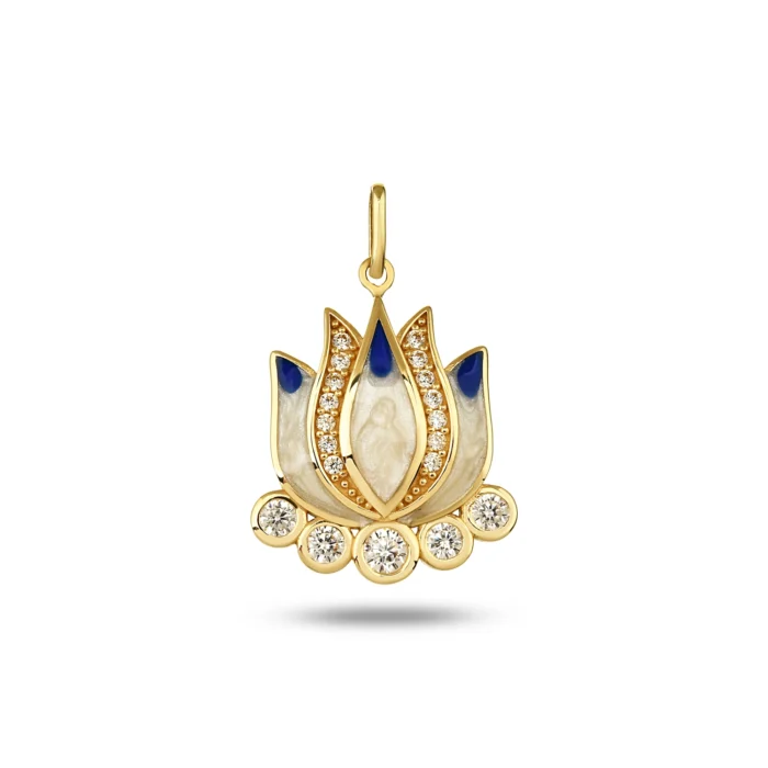 14 Ayar Sarı Altın Lacıvert Lotus Kolye Charm