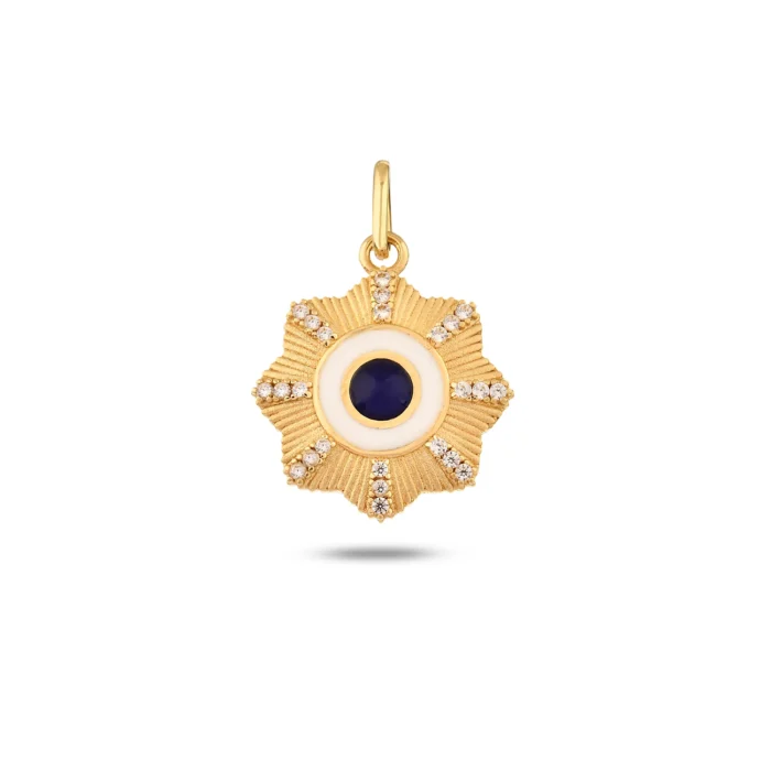 Lacivert Taşlı Çiçek Madalyon Kolye Charm 1 14 Ayar Sarı Altın Lacivert Taşlı Çiçek Madalyon Kolye Charm