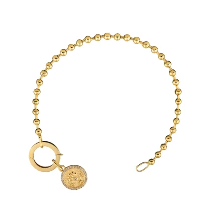 14 Ayar Sarı Altın Dorika Zincirli Lotus Madalyon Charm Bileklik