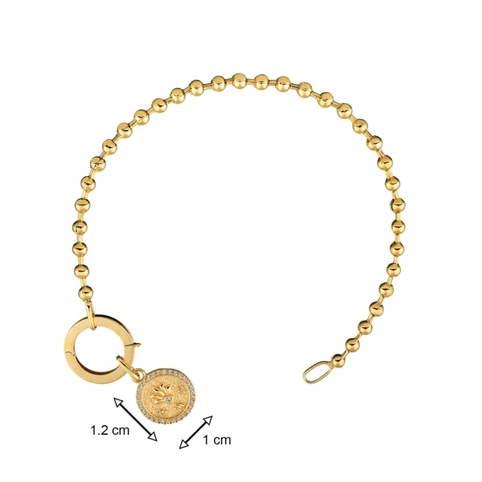 14 Ayar Sarı Altın Dorika Zincirli Lotus Madalyon Charm Bileklik