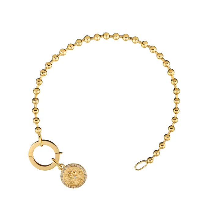 14 Ayar Sarı Altın Dorika Zincirli Lotus Madalyon Charm Bileklik