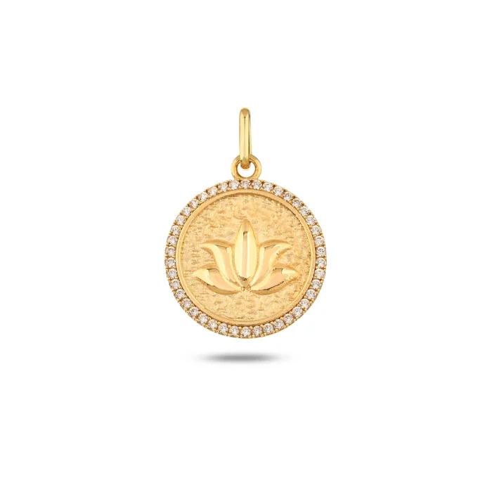 14 Ayar Sarı Altın Lotus Damga Kolye Charm