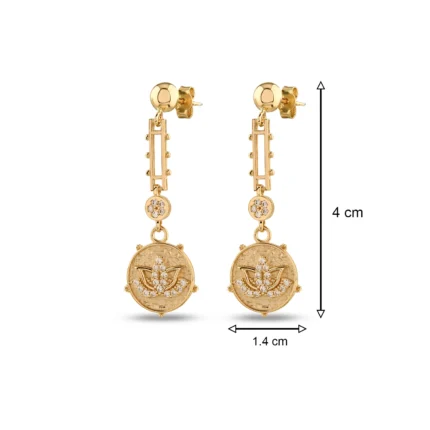 14 Ayar Taşlı Lotus Çiçeği Sallantılı Sarı Altın Küpe