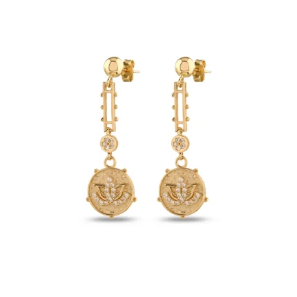 14 Ayar Taşlı Lotus Çiçeği Sallantılı Sarı Altın Küpe