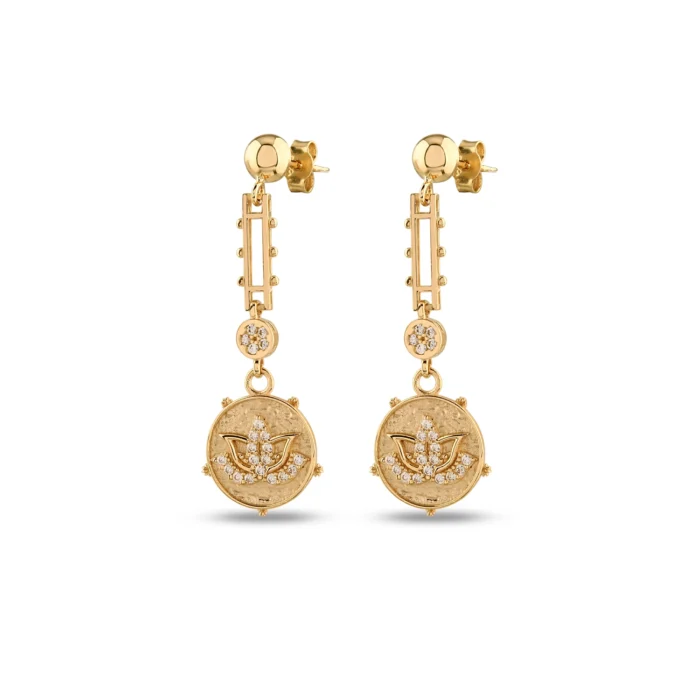 14 Ayar Taşlı Lotus Çiçeği Sallantılı Sarı Altın Küpe