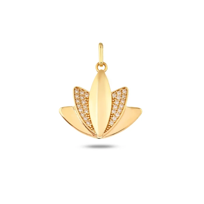 14 Ayar Taşlı Lotus Çiçeği Sarı Altın Charm kolye