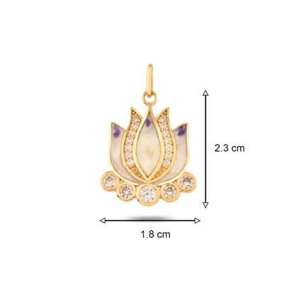 14 Ayar Sarı Altın Mineli Mor Taşlı Lotus Çiçeği Charm kolye
