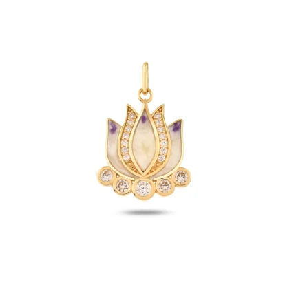 14 Ayar Sarı Altın Mineli Mor Taşlı Lotus Çiçeği Charm kolye