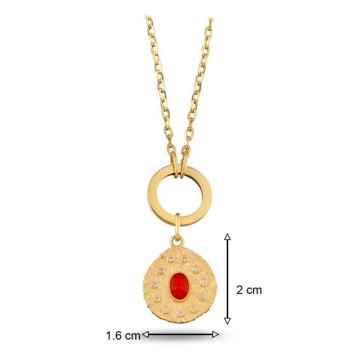 14 Ayar Sarı Altın Oval Kırmızı Taşlı Asimetrik Madalyon Charm Kolye