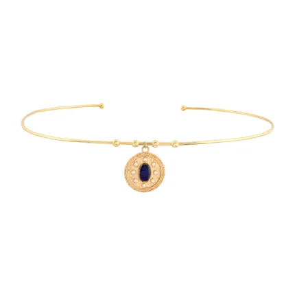 14 Ayar Sarı Altın Oval Lacivert Taşlı Madalyon Uç Tel Choker