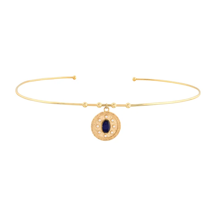 Oval Lacivert Taşlı Madalyon Uç Tel Choker 1 14 Ayar Sarı Altın Oval Lacivert Taşlı Madalyon Uç Tel Choker