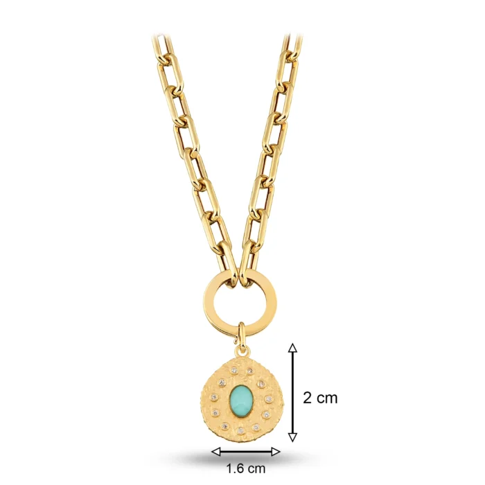 14 Ayar Sarı Altın Oval Mavi Taşlı Asimetrik Madalyon Charm Kolye
