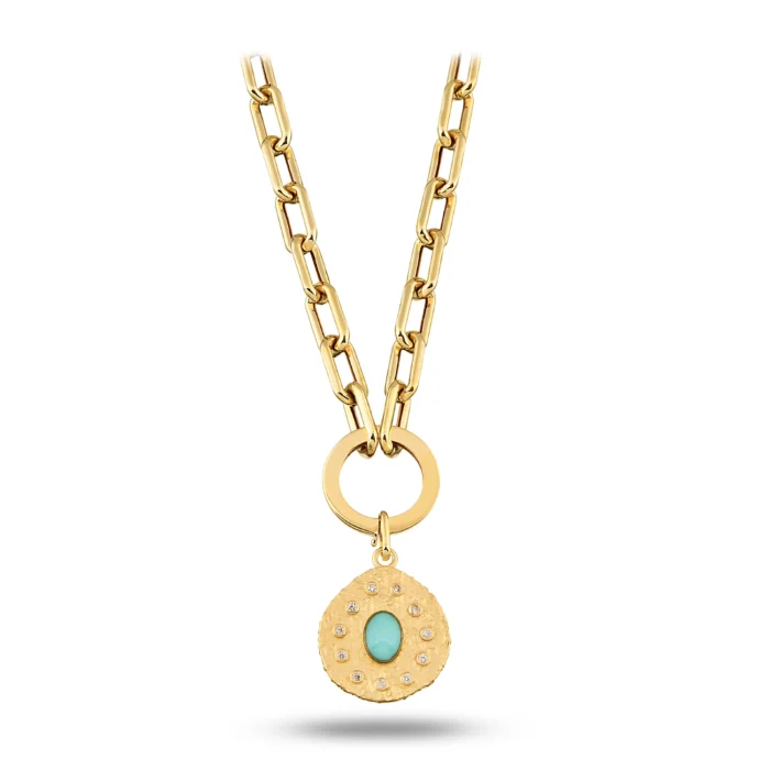 Oval Mavi Taşlı Asimetrik Madalyon Charm Kolye 1 14 Ayar Sarı Altın Oval Mavi Taşlı Asimetrik Madalyon Charm Kolye