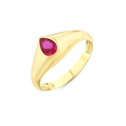 14 Ayar Sarı Altın Ruby Damla Taşlı Modern Yüzük