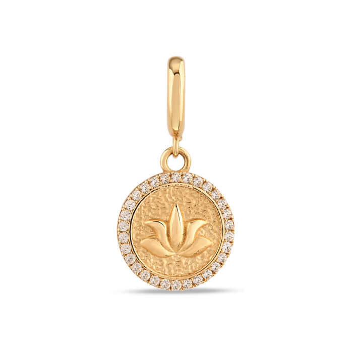14 Ayar Sarı Altın Taş Detay Lotus Charm
