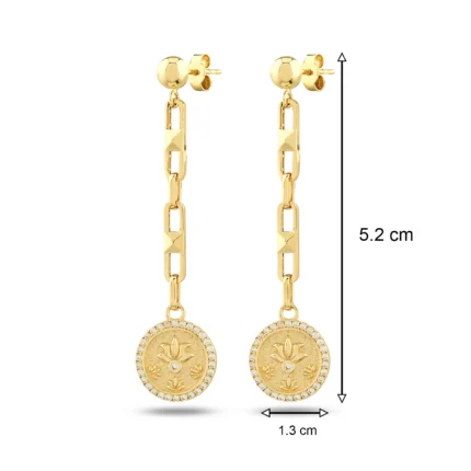 14 Ayar Antik Dokulu Çevresi Taşlı Lotus Madalyon Sarı Altın Küpe