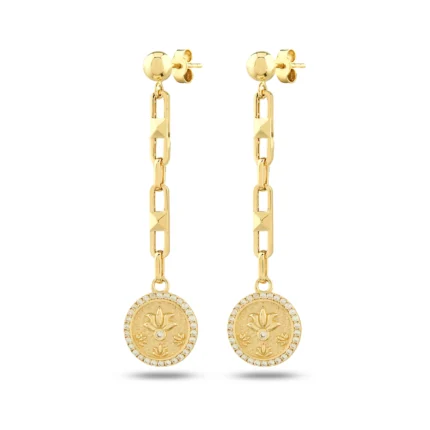 14 Ayar Antik Dokulu Çevresi Taşlı Lotus Madalyon Sarı Altın Küpe
