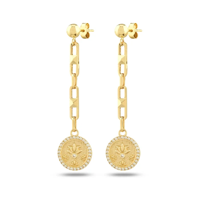Antik Dokulu Çevresi Taşlı Lotus Madalyon Altın Küpe 1 14 Ayar Antik Dokulu Çevresi Taşlı Lotus Madalyon Sarı Altın Küpe