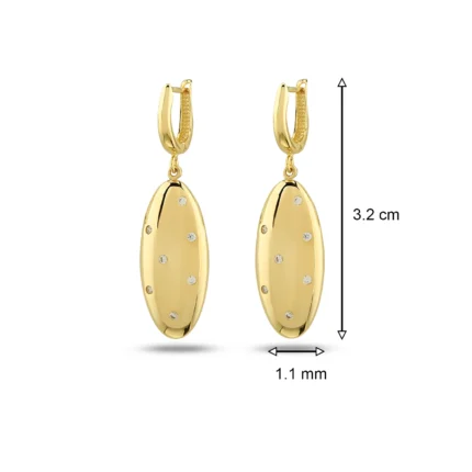 14 Ayar Sarı Altın Taş Detaylı Mini Boy Oval Küpe
