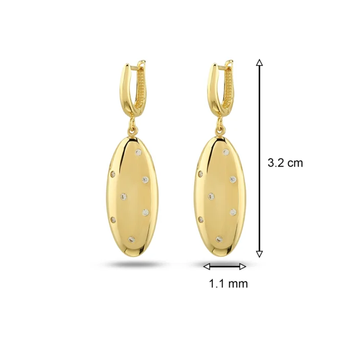 14 Ayar Sarı Altın Taş Detaylı Mini Boy Oval Küpe