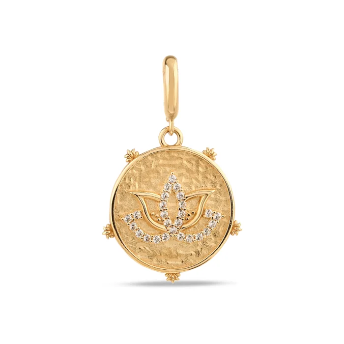 Taşlı Lotus Çiçeği Antik Altın Charm 1 14 Ayar Taşlı Lotus Çiçeği Antik Sarı Altın Charm