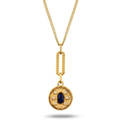 14 Ayar Altın Lacivert Taşlı Grek Desenli Tasarım Madalyon Kolye