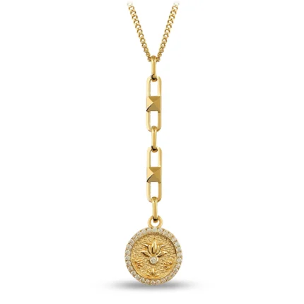 14 Ayar Tasarım Taş Çerçeveli Lotus Damga Altın Kolye