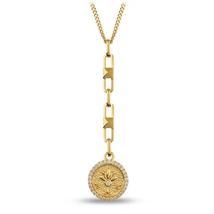14 Ayar Tasarım Taş Çerçeveli Lotus Damga Altın Kolye