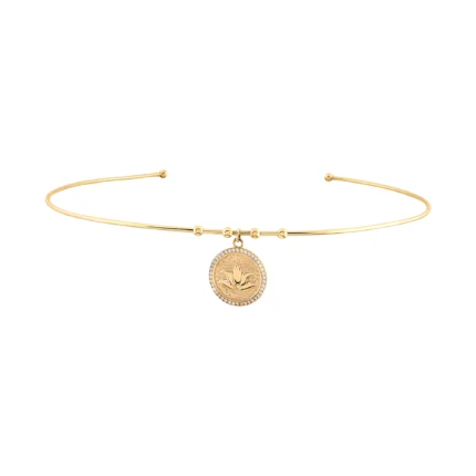 14 Ayar Sarı Altın Minimal Lotus Figürlü Taş Çerçeveli Tel Choker
