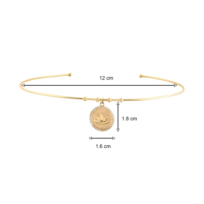 14 Ayar Sarı Altın Minimal Lotus Figürlü Taş Çerçeveli Tel Choker