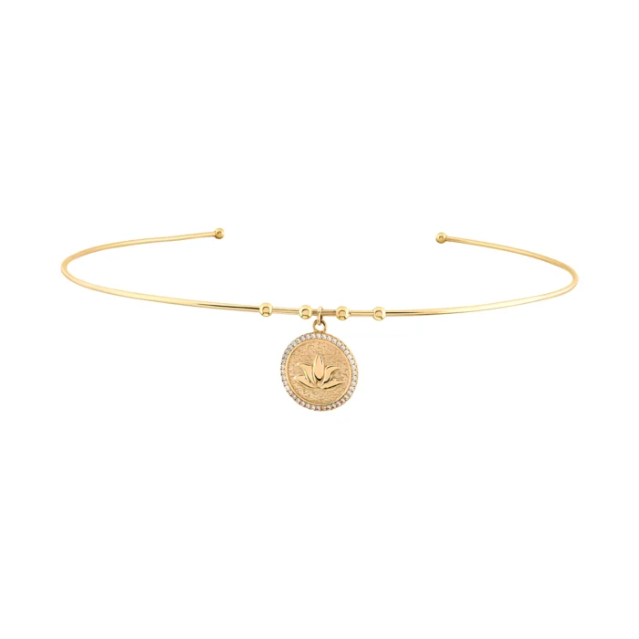 Minimal Lotus Figürlü Taş Çerçeveli Tel Choker 1 14 Ayar Sarı Altın Minimal Lotus Figürlü Taş Çerçeveli Tel Choker