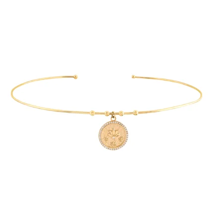 14 Ayar Sarı Altın Taş Çerçeveli Lotus Madalyon Sabit Tel Choker