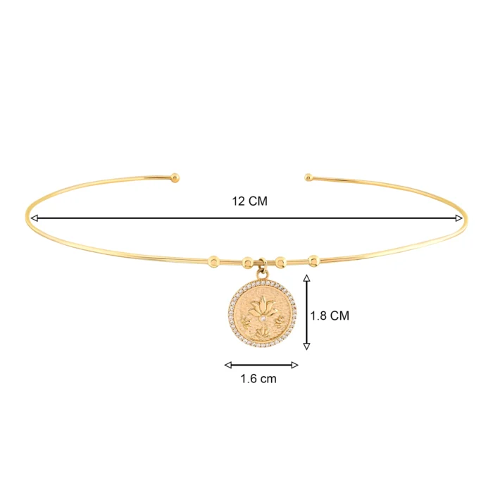 14 Ayar Sarı Altın Taş Çerçeveli Lotus Madalyon Sabit Tel Choker