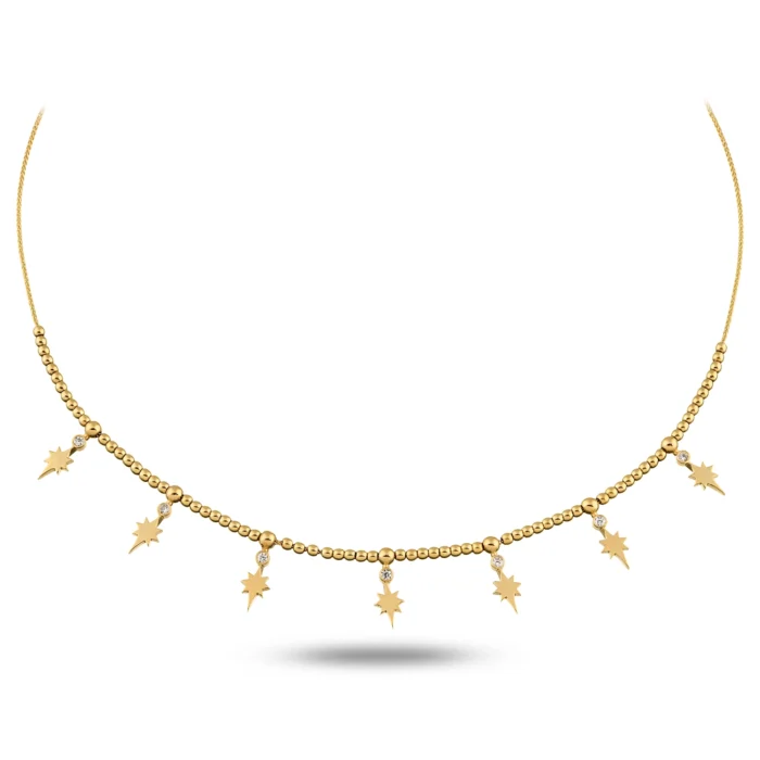 Dorika Top Zincirli Tektaşlı 7'li Kutup Yıldızı Choker Kolye 1 14 Ayar Sarı Altın Dorika Top Zincirli Tektaşlı 7'li Kutup Yıldızı Choker Kolye