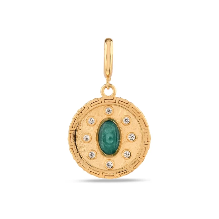 Yeşil Madalyon Charm 1 14 Ayar Sarı Altın Yeşil Madalyon Charm