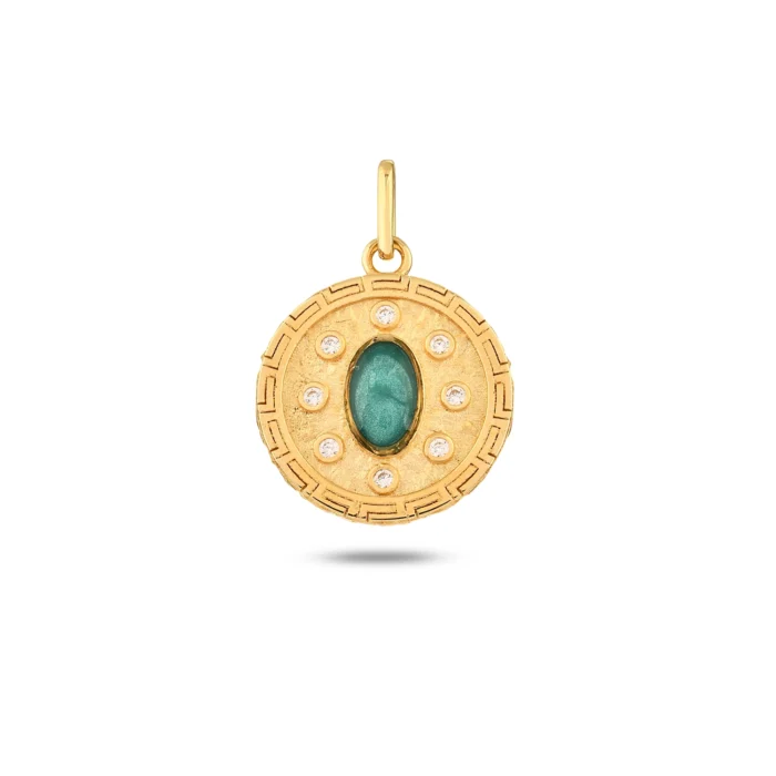 Yeşil Taşlı Madalyon Kolye Charm 1 14 Ayar Sarı Altın Yeşil Taşlı Madalyon Kolye Charm