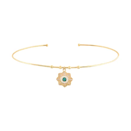 14 Ayar Sarı Altın Yuvarlak Firuze Taşlı Çiçek Madalyon Uçlu Tel Choker