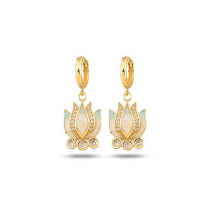 14 Ayar Mavi Mineli Lotus Çiçeği Sallantılı Sarı Altın Küpe