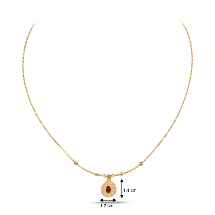 14 Ayar Sarı Altın oval kırmızı taşlı asimetrik madalyon uç tel kolye